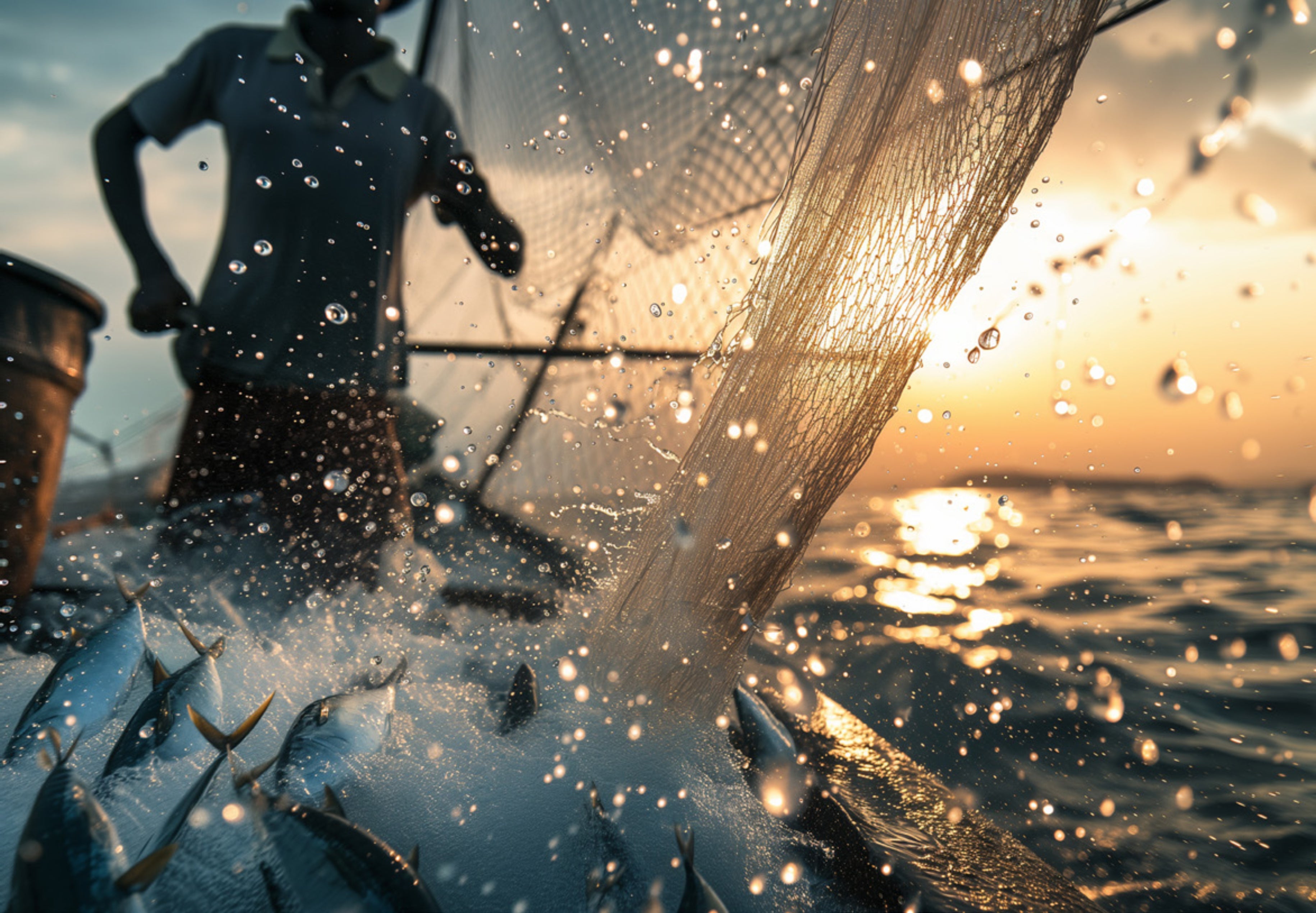 Fishing scene with a person casting a net into water, surrounded by fish, at sunset.